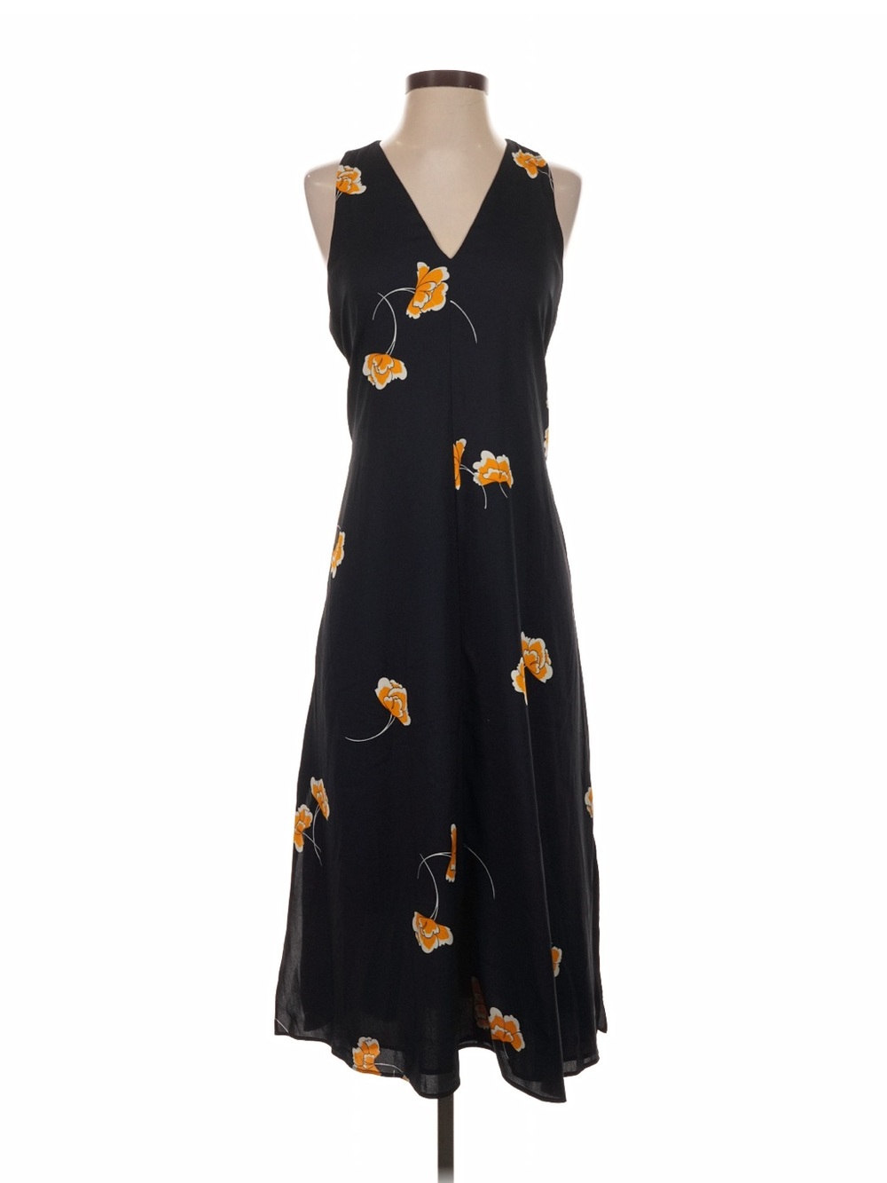 Ann Taylor Black V-Neck Maxi Dress with Yellow Floral Motif